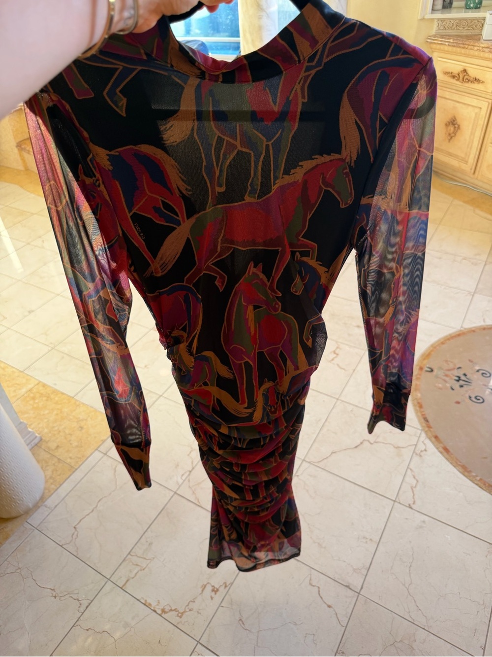Sheer Horse-Print Long Sleeve Dress - Black with Burgundy & Brown